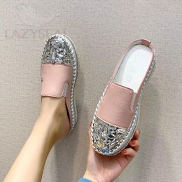 LazySeal Bling Rhinestone Luxury Design Summer Platform Slides Women Shoes Chunky Heel Bottom Pink Flip Flops Crystals Slippers