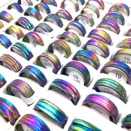 Wholesale 100pcs/Lot Colourful Women's Band Ring Multicoloured Stripe Stainless Steel Rings Fashion Jewellery Party Favour Gifts Mix Sizes