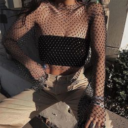 DIRTYLILY Crystal Diamond See Through Crop Tops Summer Women Hollow Out Beachwear Tops Shiny Sexy Fashion Party Club Top 210317