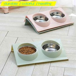 Double Bowls Pet dog cat Feeding Station Stainless Steel Water Food Bowls Feeder Solution for Dogs Cats supplies Y200922