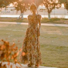 YOSIMI Evening Party Long Women Dress Summer Maxi Elegant Floral Print Chiffon Ankle-Lenght V-Neck Short Sleeve Lady 210604