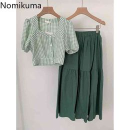 Nomikuma Summer Women Two Piece Set Short Sleeve Plaid Shirt High Waist A Line Mid Calf Skirt Korean Suits Outfits 210514