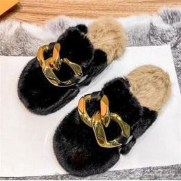 Furry Fur Slides Gold Chain Plush Slippers Fluffy Flip Flops Designer Faux Fur Slippers Cozy Slip On Flats Women's Fashion Shoes