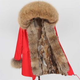 winter women real fur coat long Rabbit lining hooded parka Large raccoon collar warm coats Star same style 211018