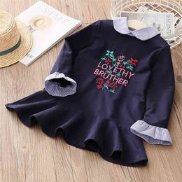 Spring Autumn 3 4 6 8 9 10 11 12 Years Long Full Flare Sleeve Peter Pan Collar Letter Pattern Kids Girls Autumn Dresses 210701