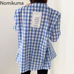 Nomikuma Korean Chic Plaid Blazer Women Contrast Colour Notched Collar Short Sleeve Casual Loose Jackets Female Arrival Tops 210514