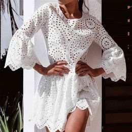 flare sleeve hollow out white lace autumn dress women embriodery cotton short casual loose blue vestidos 210427