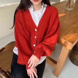 autumn and winter Korean sweet lantern sleeve v-neck women's jacket cardigan thick sweater cropped top 210427