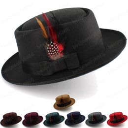 Winter Women Men Wool Fedora Hat With Colorful Feather Gentleman Elegant Unisex Autumn Wide Brim Jazz Cap