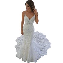 2022 Romantic Lace Wedding Dress Strap Spaghetti V-neck Sexy Open Back Beach Bridal Dresses Guest Party Gowns