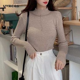 Knitted Jumper Autumn Winter Tops Button Turtleneck Pullovers Casual Sweaters Women Shirt Long Sleeve Slim Sweater Girls 210712