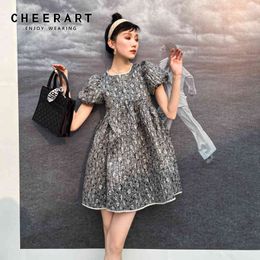 Puff Sleeve Summer Dresses For Women Ball Gown Short Floral Grey Sundresses Mini Elegant 210427