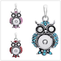 Silver Colour Snap Button Jewellery Owl Rhinestone Pendant Fit 12mm Snaps Buttons Necklace for Women Men Noosa