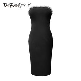 Sexy Patchwork Diamond Summer Dress For Women Slash Neck Sleeveless High Waist Slim Dresses Female Fashion 210520