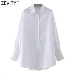 Zevity Women Fashion Solid Color Oversize White Smock Blouse Office Lady Elastic Long Sleeve Shirts Chic Blusas Tops LS7626 210603