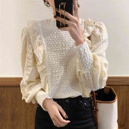 Early Spring High Neck Three-dimensional Blouse Female Texture Ruffled Lace Stitching Blusa Loose Puff Sleeve Shirt C318 210507
