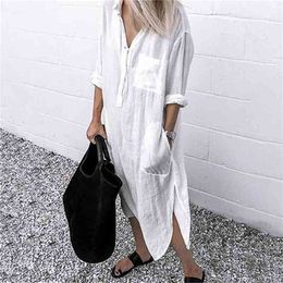 Summer Dress For women Linen Maxi Shirt Dresses Ladies Elegant Casual Vestidos Female Tunic Plus size 5XL Long Dress White 210715