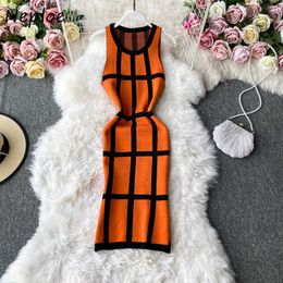 Neploe Plaid Panelled Knitted Dress Elegant Casual Soft O-Neck Bodycon Femme Vestidos 2021 Summer Chic Fashion Dresses Women Y0823
