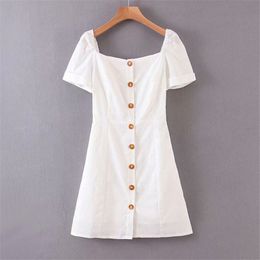 Vintage button women dress shirt Square collar short sleeve cotton summer dresses Casual korean vestidos festa 210430