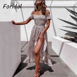 Off The Shoulder Floral Print Boho Beach Dress Women Midi Long Elegant Vintage Sundress Ruffles 210427