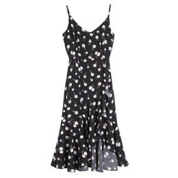 PERHAPS U Women Black V-neck Floral Print Sleeveless Spaghetti Strap Backless Asymmetrical Ruffle Midi Dress Beach Summer D2397 210529