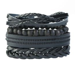 Braided Black Rope Multilayer Leather Charm Bracelets Set For Men Women Adjustable Punk Wooden Beaded Bangle Jewellery