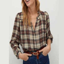 Za Cheque Print Blouse Women Long Puff Sleeve V Neck Loose Vintage Shirt Female Chic Front Button Plaid Office Lady Top 210602