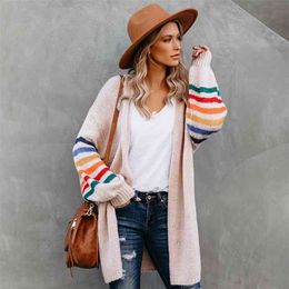 Fitshinling Rainbow Striped Boho Cardigan Winter Long Coat Female Knitwear Pink Slim Sweaters Cardigans For Women Clothes 210806