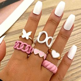 Colorful Butterfly Heart Ring Set Wholesale Y2K Finger Jewelry Green Pink Adjustable Drip Metal Hand-painted Gift for Girls G1125