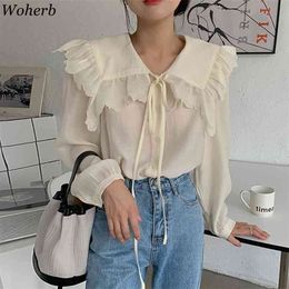 Women Shirt Sweet Lace Big Turn Down Collar Bow Design Blouse Long-sleeve Sunscreen Blusas Korean Chic All Match Tops 210519