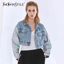 TWOTWINSTYLE Casual Patchwork Sequin Denim Jacket For Women Lapel Long Sleeve Short Tops Female Fashion Clothing Autumn 210517