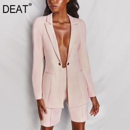 [DEAT] V-neck Collar Long Sleeve Solid Pink Single Button And Shorts Sexy Suit Women Mall Goth Spring And Summer GX564 210428