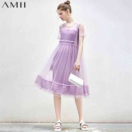 Minimalism Summer Thin Lace Dress Women Causal Oneck Loose Pleated Knee-length Fashion Women's 11970184 210527