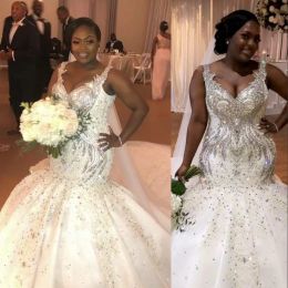 2022 Luxury Mermaid Wedding Dresses Bridal Gown Straps Beaded Crystals Sequins Lace Applique Sweep Train Custom Made Tulle Plus Size vestidos de novia