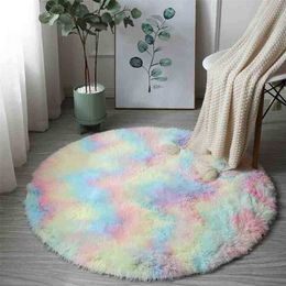 Rainbow Colourful Soft Fluffy Carpets Girl Round Hairy Area Rug For Bedroom Decoration Carpet shaggy Bedside Mat Princess Style 211217