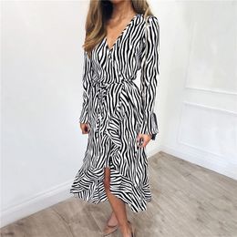 Summer Long Dresses Women Zebra Print Beach Chiffon Dress Casual Long Sleeve V Neck Ruffles Elegant Party Dress Vestidos 210518