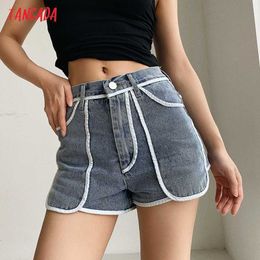 Tangada Women Patchwork Denim Shorts Zipper Pockets Female Retro Casual Shorts Pantalones PP03 210609