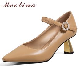 Meotina High Heel Mary Janes Shoes Pointed Toe Women Pumps Pearl Buckle Strap Dress Footwear Ladies Strange Style Heels Shoes 210520