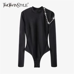 Hollow Out Diamond Bodysuit For Women O Neck Long Sleeve High Waist Minimalist Jumpsuits Female Fashion 210521