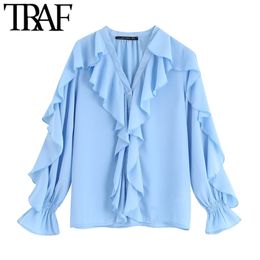 TRAF Women Vintage Fashion Ruffled Chiffon Blouses V Neck Long Sleeve Elegant Ladies Shirts Blusas Mujer Chic Tops 210323