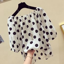 Women Spring Summer Style Chiffon Blouses Shirts Lady Casual Slash Neck Polka Dot Printed Blusas Tops DF2848 210317