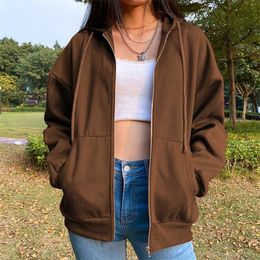 Brown Zip Up Sweatshirt Winter Jacket Clothes oversize Hoodies Women plus size Vintage Pockets Long Sleeve Pullovers 210927