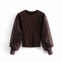 Women Fashion Ruffle Yarn Stitching Puff Sleeves Sweater Female Retro Pullovers Chic Tops 210520