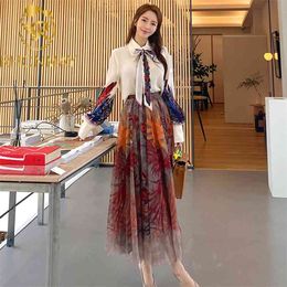 Runway Summer Women Skirt 2 Piece Set Elegant Long Sleeve Floral Print Bow Blouse + Pleated Midi Silk Suits 210506
