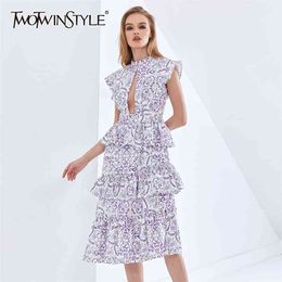 Sexy Print Summer Dress For Women Hollow Out High Waist Ruffle Sleeveless Dresses Female Womens Clothing 210520