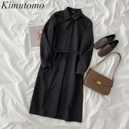 Kimutomo Elegant Women Dress Autumn Winter Korea Ins Style Female Solid Black Wild Turn-down Collar Slim Waist Vestidos 210521