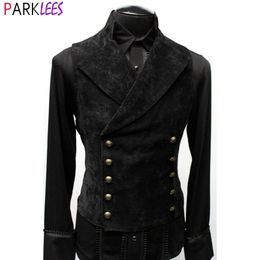 Mens Double Breasted Gothic Steampunk Velvet Vest Stand Collar Mediaeval Victorian Black Waistcoat Men Stage Cosplay Prom Costume 210522