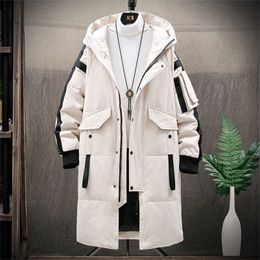 Warm Thick Men White Duck Down Jacket Hooded Puffer Jackets Coat Winter Male Casual Long Parka Overcoat Outdoor Multi-pocket 211104