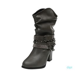 Wholesale-Boots Buckle Strap Women Autumn Winter Retro PU Leather Shiny Rivets Heel Half Shoes