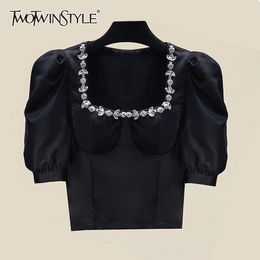 Elegant Shirt For Women Square Collar Puff Short Sleeve Patchwork Diamonds Slim Blouses Female Summer Stylish 210524